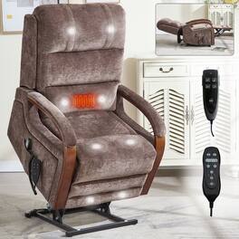 Ropilly - dual motor lift chair chenille recliner with solid wood armrests and heat massage - Brown