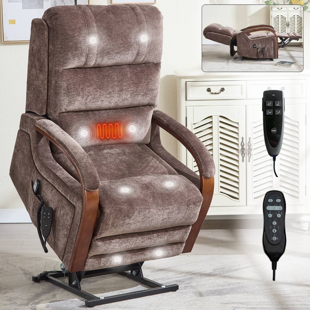 Front. Ropilly - Ropilly dual motor lift chair brown chenille recliner with solid wood armrests and heat massage - Brown.