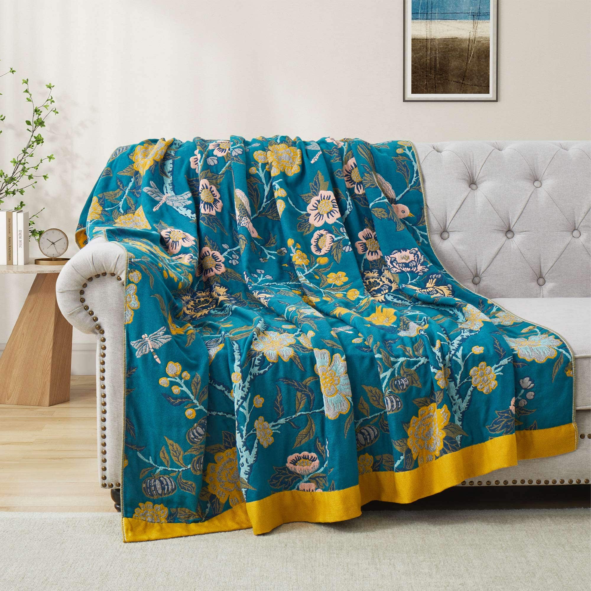 Peace Nest - 100% Cotton Boho Throw Blanket Rustic Home Decor Design, 60x80 inches - Floral