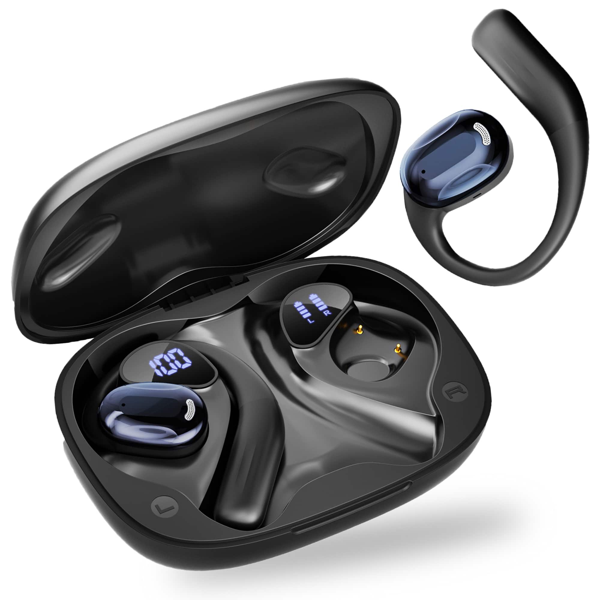 Trigiz - Wireless Open Ear Earbuds Bluetooth 5.4 with Earhooks, 70Hrs Playtime, LED Power Display Case, IP7 for Sports & Running - Black