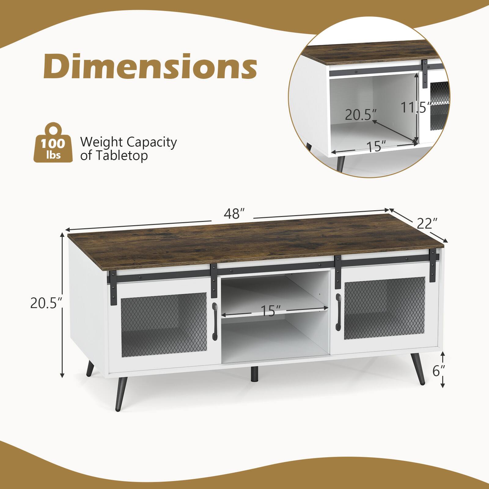 Dimensions: 48" x 22" x 20.5"  
Weight Capacity: 100 lbs  
Tabletop: 20.5" x 11.5" x 15"  
Shelf: 15" x 6"