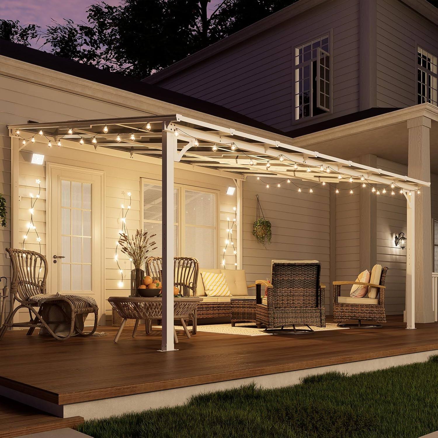 Angle. Yardgrace - 12'x 14' Outdoor Wall Mounted Lean-to Gazebo, Heavy Duty Sloped Roof Metal Awning for Patio, Decks & Backyard - White.