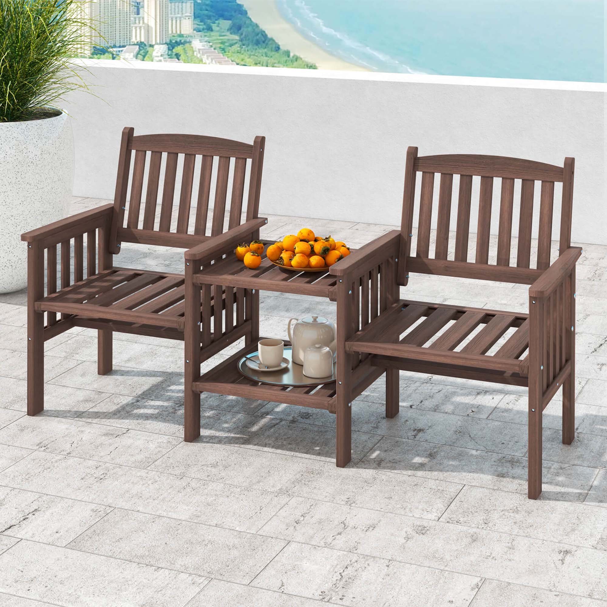 Alt View 1. Costway - Costway Outdoor Fir Wood Loveseat with 2-Tier Side Table and 1.96" Umbrella Hole - Brown.