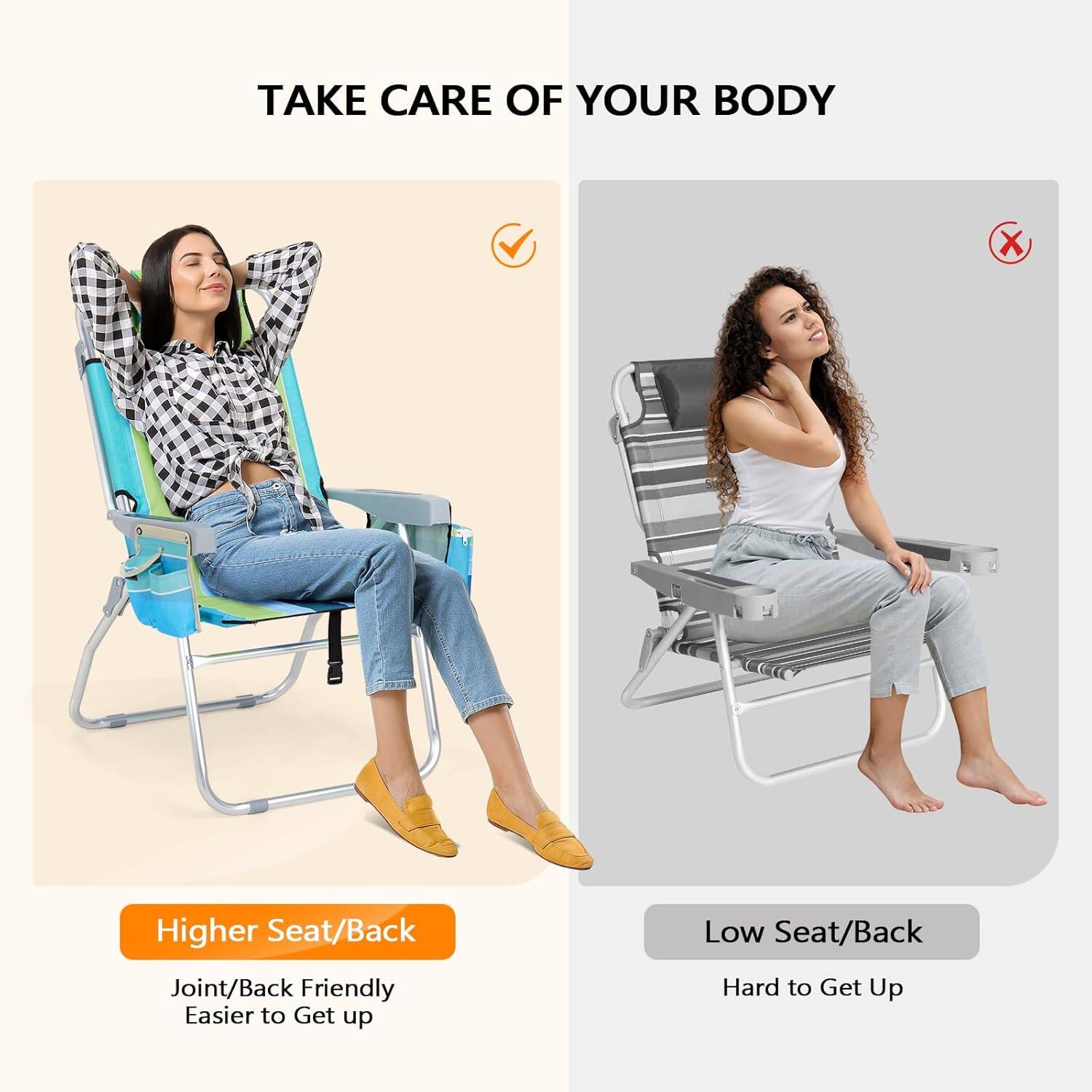 TAKE CARE OF YOUR BODY

Higher Seat/Back
Joint/Back Friendly
Easier to Get up

Low Seat/Back
Hard to Get Up