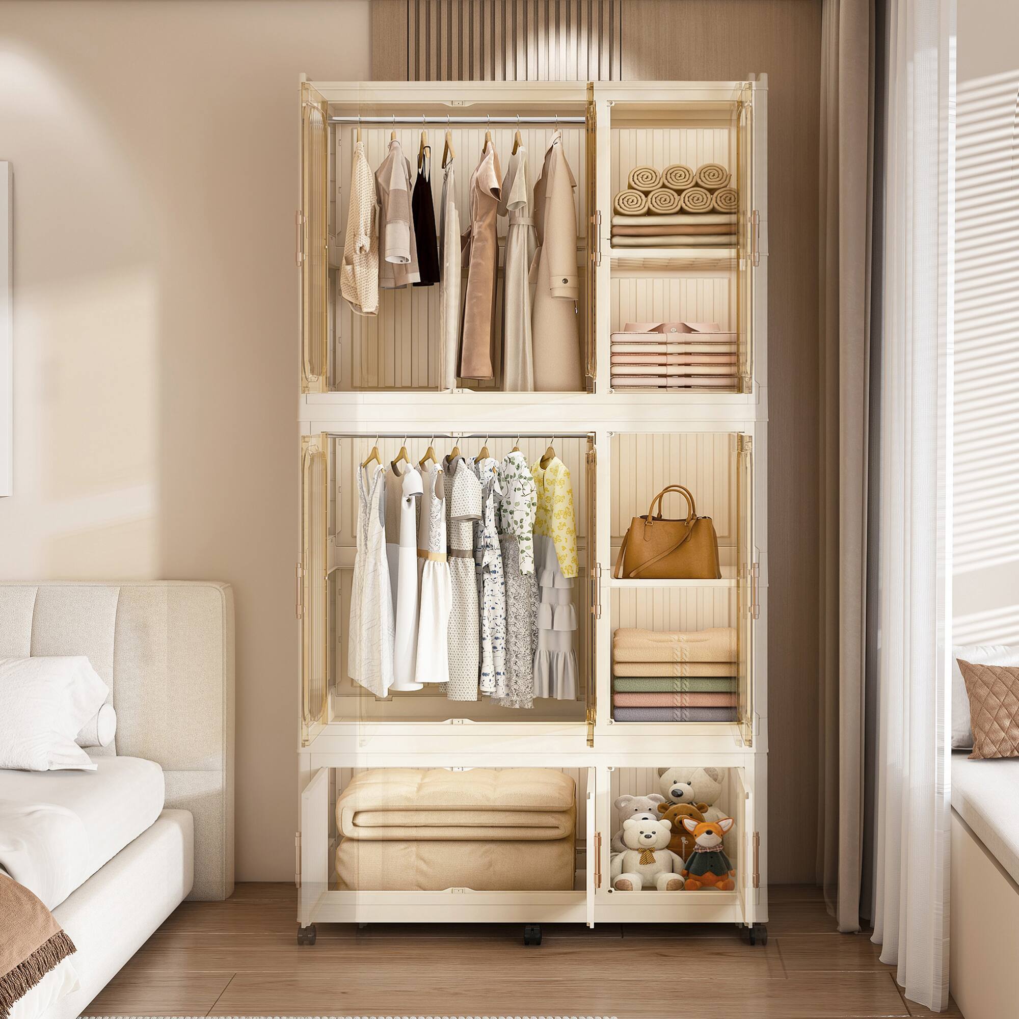 Alt View 1. GOODSILO - Portable Wardrobe Closet Storage Organizer with 9 Magnetic Doors, 9 Cubes and 2 Hanging Rods for Clothes and Accessories - Cream White.