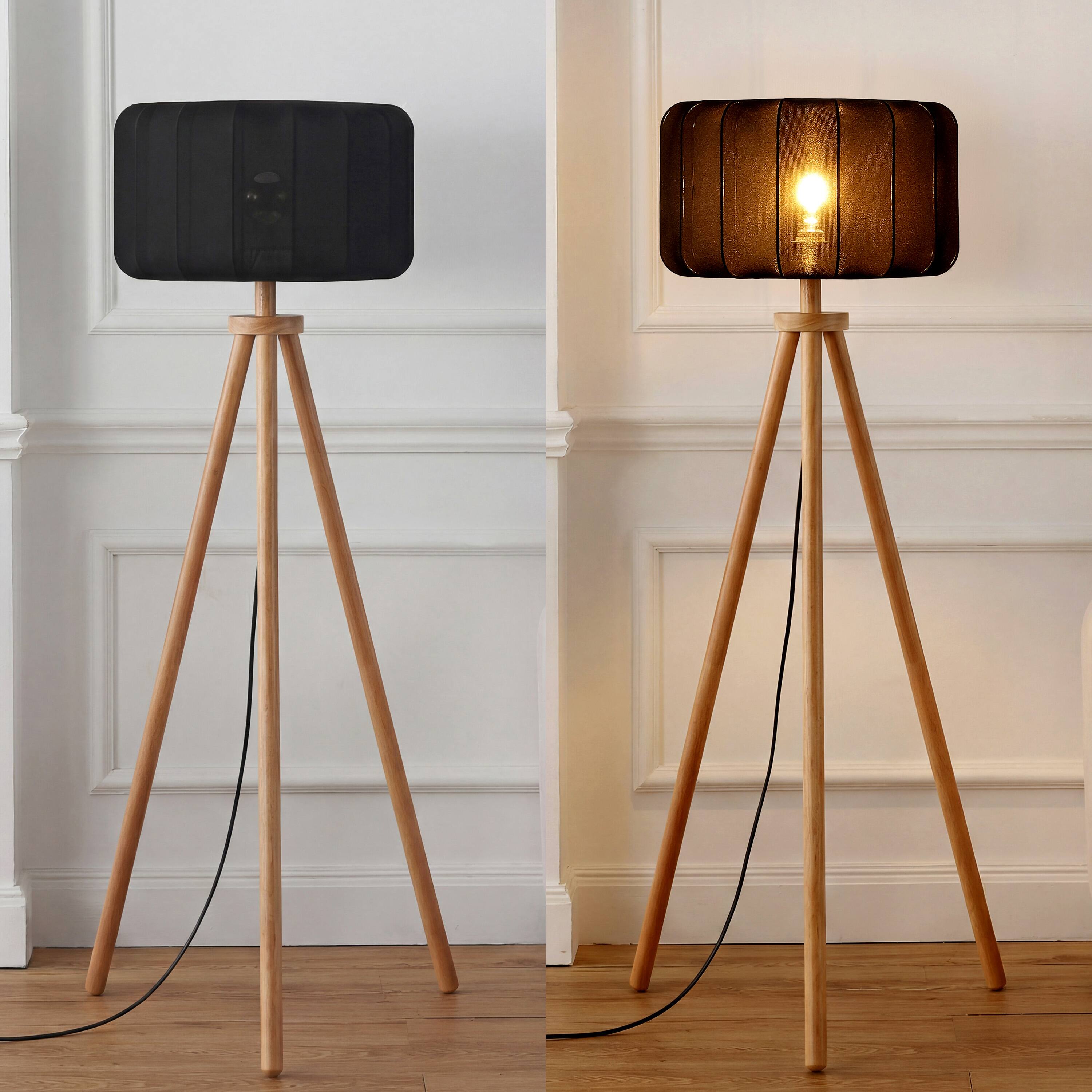Alt View 3. Jonathan Y - Adriel 52" Mid-Century Modern Tripod Wood with Ribbed Cocoon Pumpkin Shade LED Floor Lamp, Black/Light Brown - Light Brown Wood.