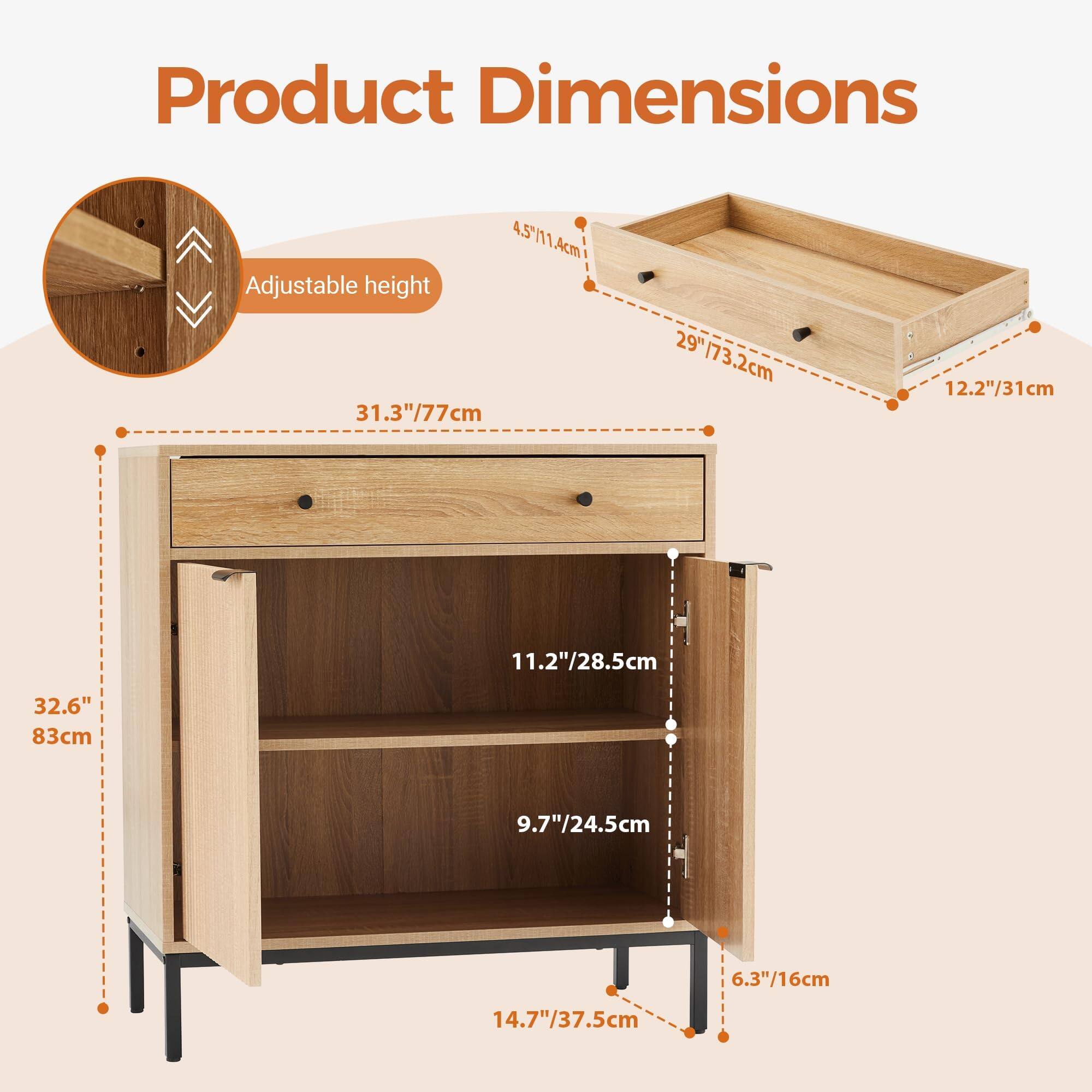 Product Dimensions

- Adjustable height: 31.3"/77cm
- Width: 29"/73.2cm
- Depth: 12.2"/31cm
- Height: 32.6"/83cm
- Shelf 1: 11.2"/28.5cm
- Shelf 2: 9.7"/24.5cm
- Shelf 3: 6.3"/16cm
- Bottom shelf: 14.7"/37.5cm