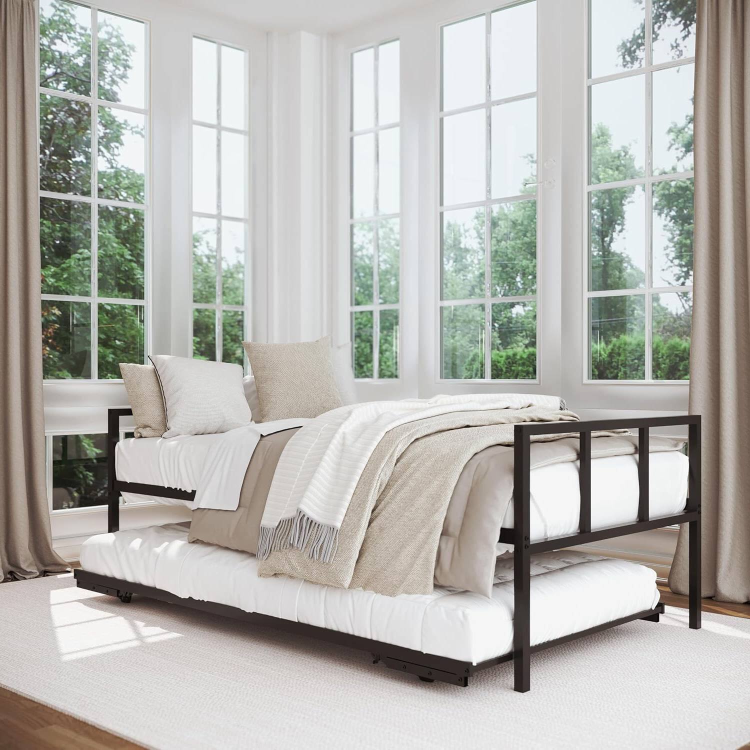 Front. Hivvago - Hivvago Twin Heavy Duty Metal Daybed Frame with Roll-Out Pop-Up Trundle Bed Frame - Black.