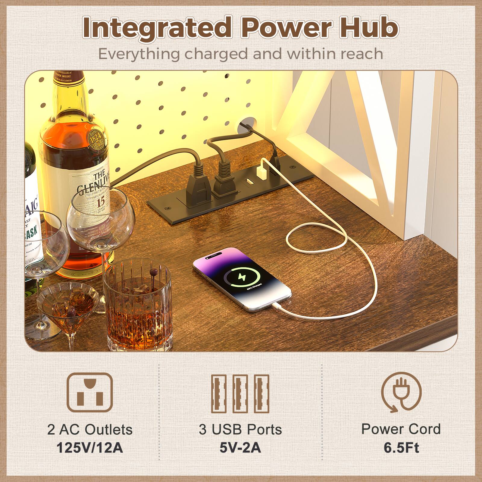 Integrated Power Hub  
Everything charged and within reach  

- 2 AC Outlets 125V/12A  
- 3 USB Ports 5V-2A  
- Power Cord 6.5Ft