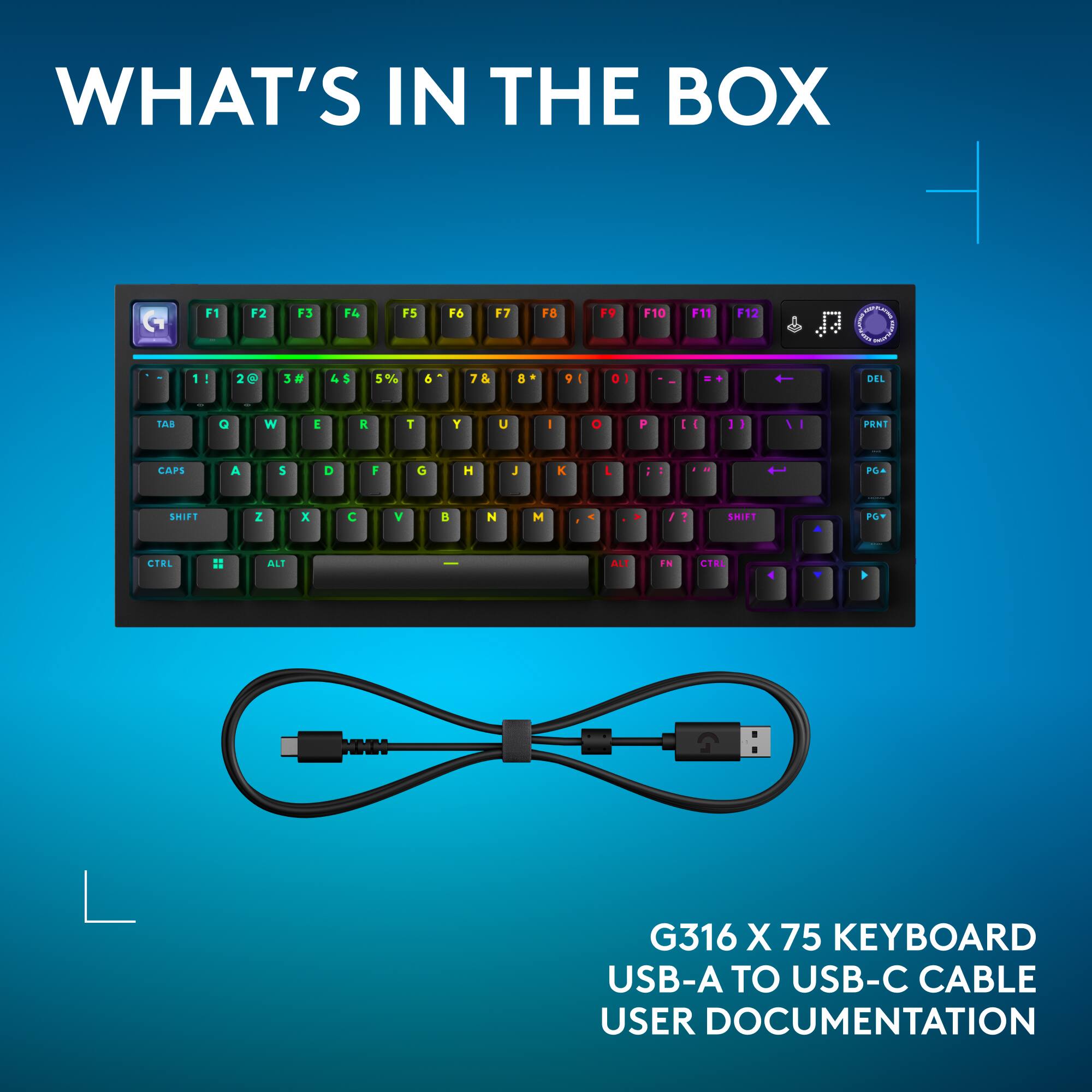 WHAT'S IN THE BOX

F1
F2
F3
F4
F5
F6
F7
F8
F9
F10
F11
F12
1!
2@
3#
4$
5%
6^
7&
8*
91
0
DEL
TAB
Q
W
E
R
T
Y
U
|
0
P
[ ]
]]
PRNT
CAPS
A
S
D
F
G
H
J
K
L
SHIFT
Z
X
C
V
B
N
M
SHIFT
PGY
CTRL
ALT
ALT
EN
CTRL

G316 X 75 KEYBOARD USB-A TO USB-C CABLE USER DOCUMENTATION