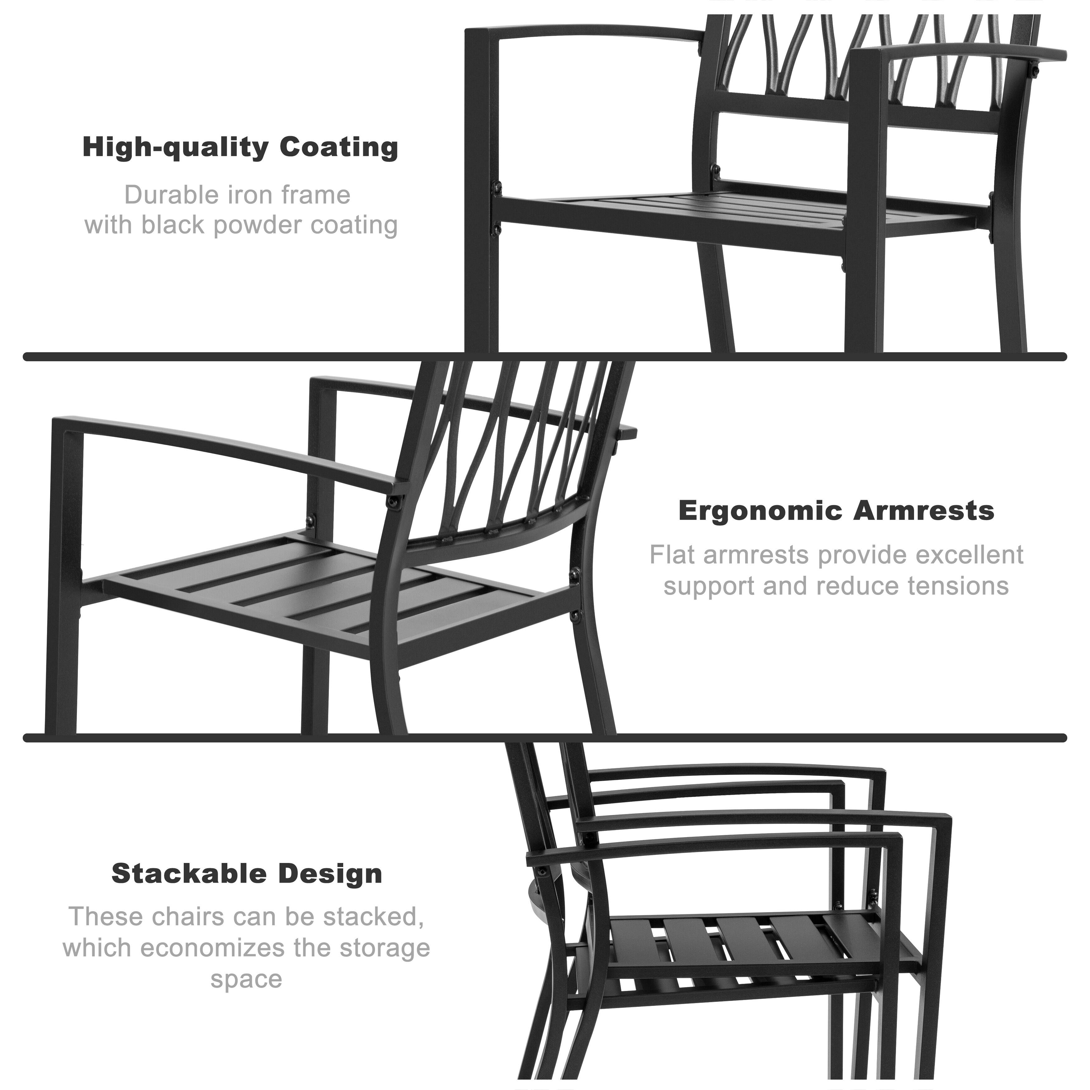 High-quality Coating: Durable iron frame with black powder coating  
Ergonomic Armrests: Flat armrests provide excellent support and reduce tensions  
Stackable Design: These chairs can be stacked, which economizes the storage space
