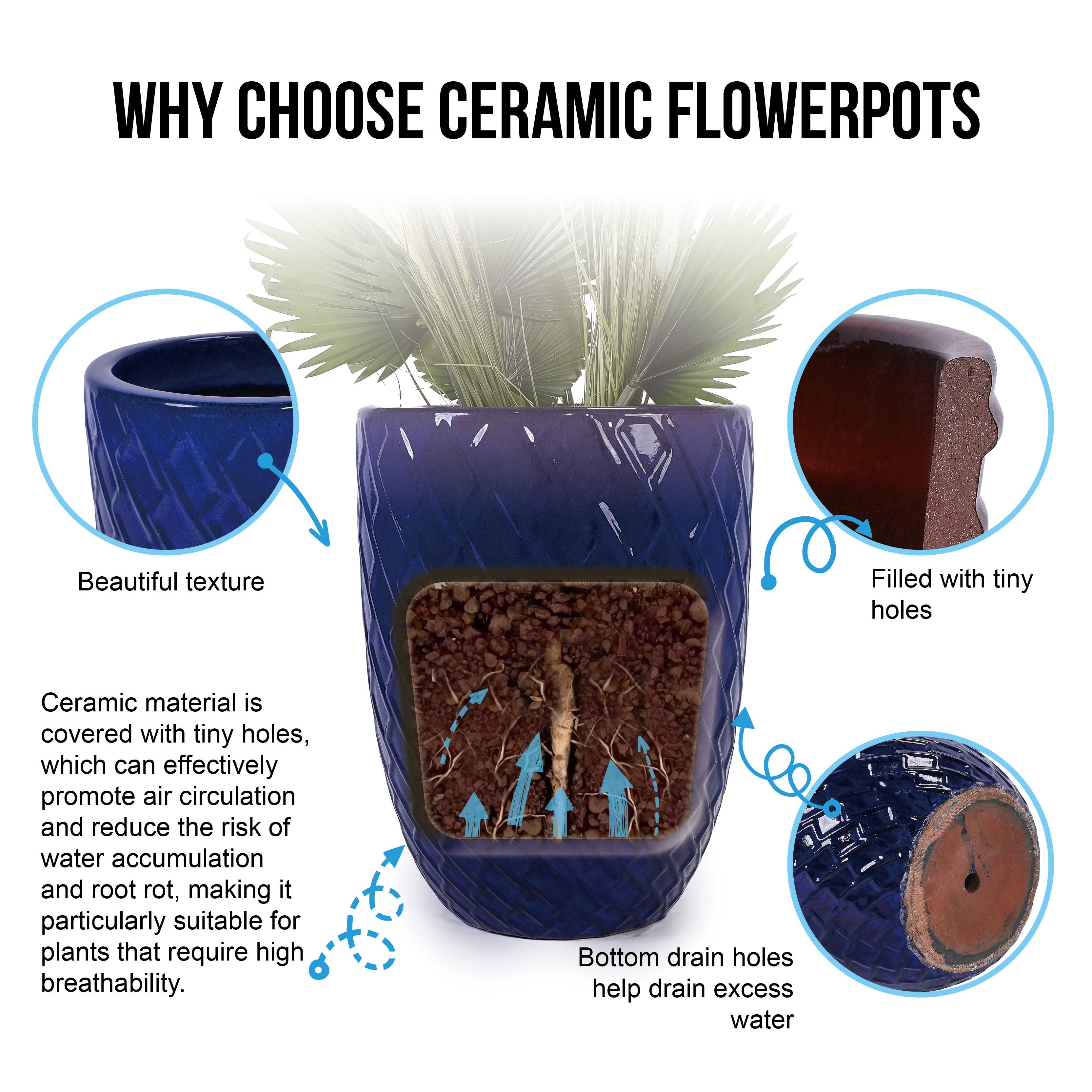 WHY CHOOSE CERAMIC FLOWER POTS

Beautiful texture

Ceramic material is covered with tiny holes, which can effectively promote air circulation and reduce the risk of water accumulation and root rot, making it particularly suitable for plants that require high breathability.

Filled with tiny holes

Bottom drain holes help drain excess water