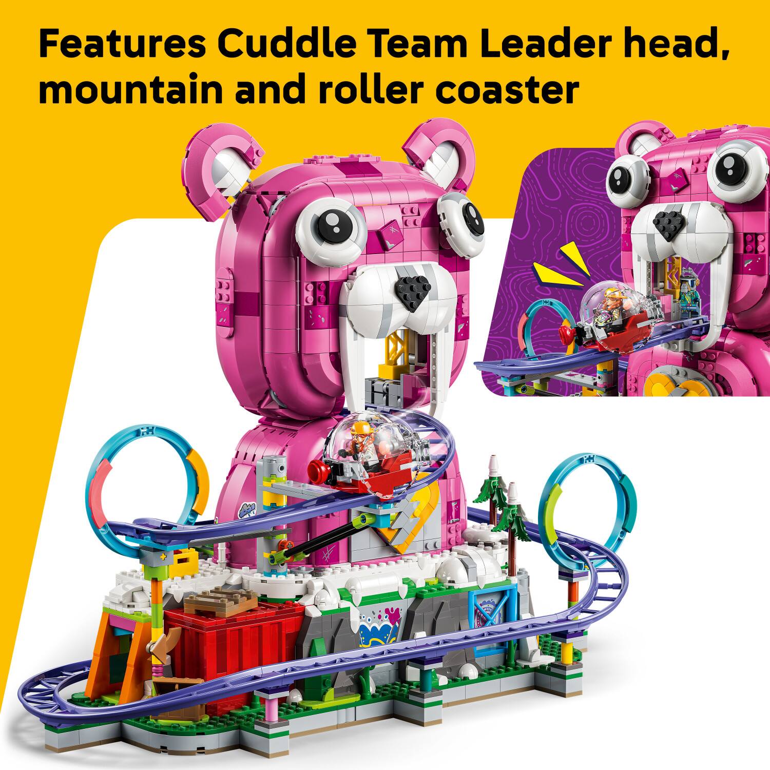 Features Cuddle Team Leader head, mountain and roller coaster