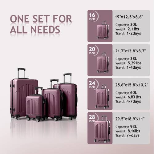 ONE SET FOR ALL NEEDS

16 Inch  
19"x12.5"x8.6"  
Capacity: 30L  
Weight: 2.1lbs  
Travel: 1-2 days

20 Inch  
21.7"x13.8"x8.7"  
Capacity: 38L  
Weight: 5.29 lbs  
Travel: 1-4 days

24 Inch  
25.6"x15.8"x10.2"  
Capacity: 60L  
Weight: 6.83 lbs  
Travel: 4-7 days

28 Inch  
29.5"x18.9"x11"  
Capacity: 93L  
Weight: 8.16 lbs  
Travel: 7+ days