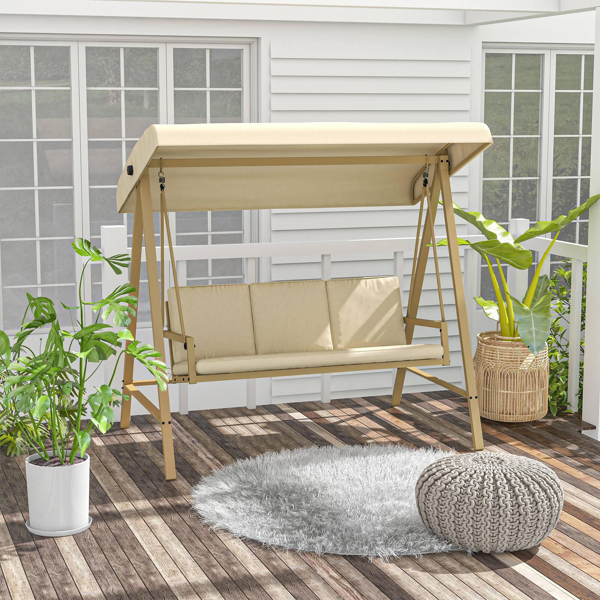 Angle. Outsunny - Outsunny 3-Seat Outdoor Porch Swing with Stand Heavy Duty Patio Swing Chair with Adjustable Canopy - Beige.