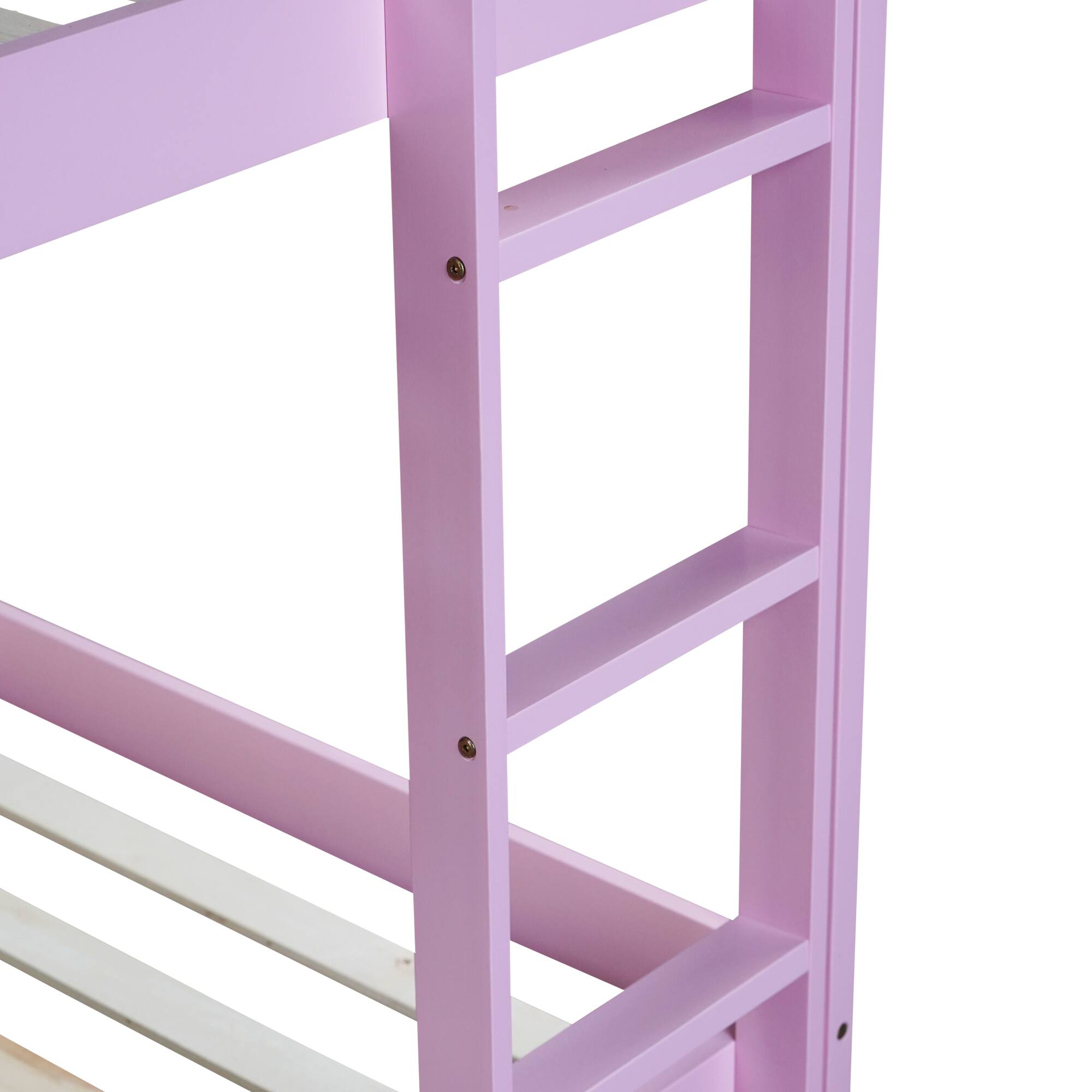 Back. GOODSILO - Solid Wood Twin Over Twin Floor Bunk Bed with Ladder and Strengthened Slats for Enhanced Stability - Pink.