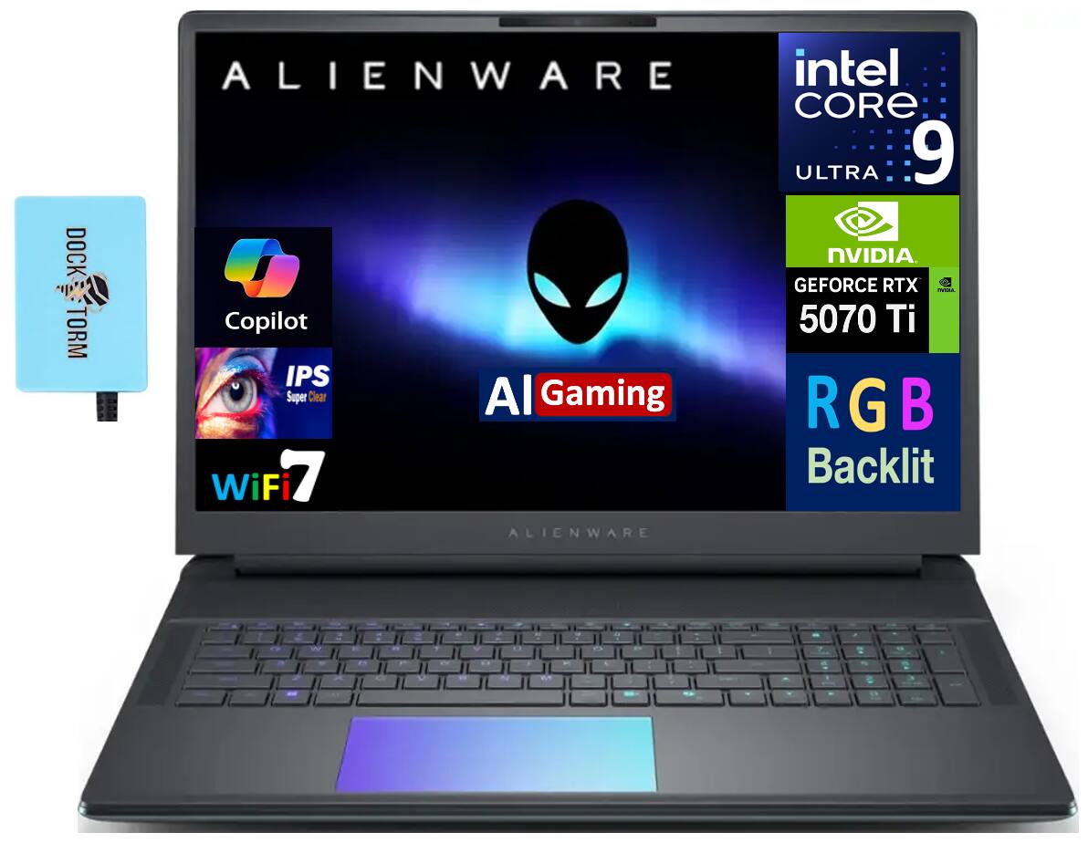 ALIENWARE  
intel CORE 9 ULTRA  
NVIDIA GEFORCE RTX 5070 Ti  
AI Gaming  
RGB Backlit  
WiFi 7  
DOCK TORM  
Copilot  
IPS Super Clear  
TORM