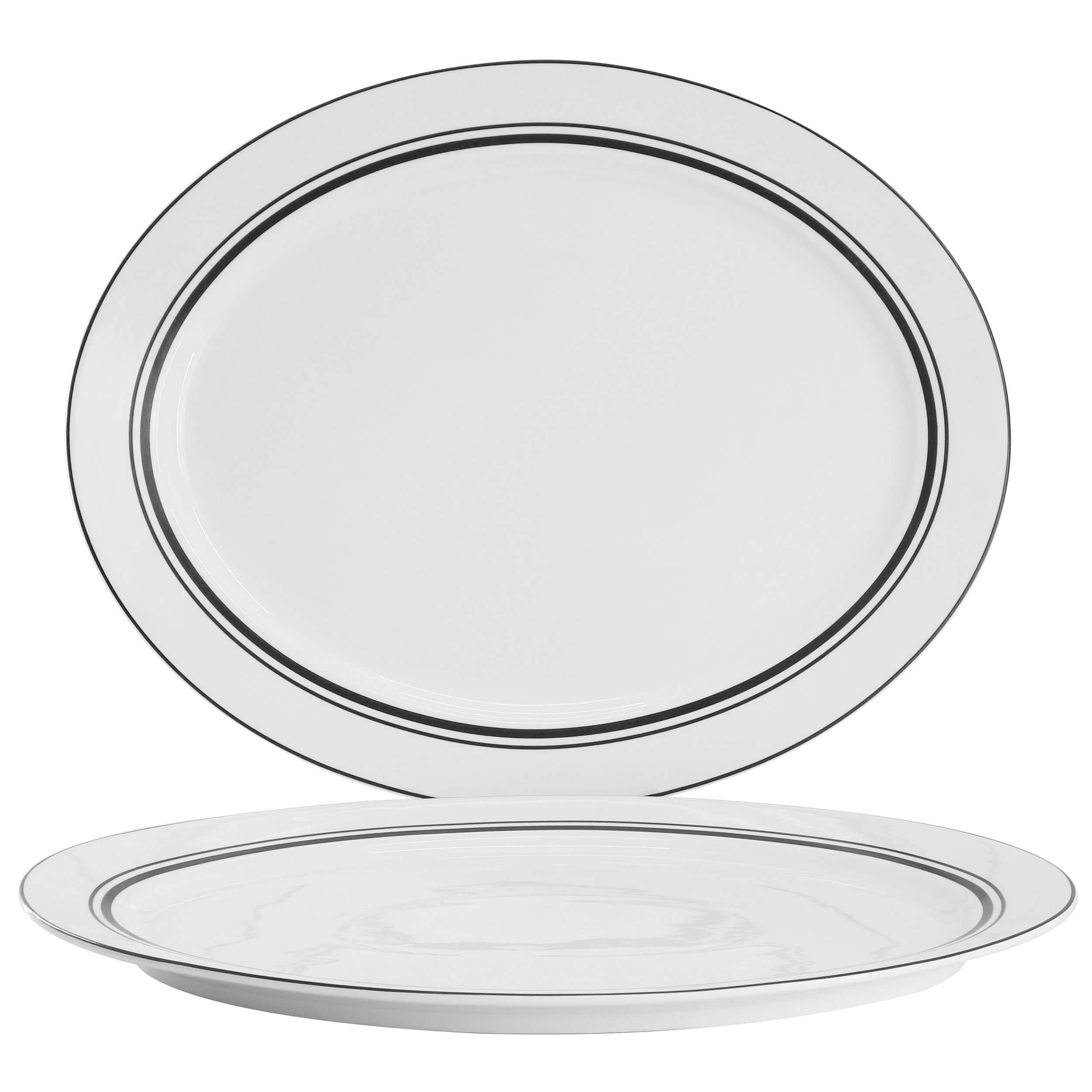 Sur La Table - 2 Piece 14 Inch Ceramic Oval Serving Platter with Black Bands - White