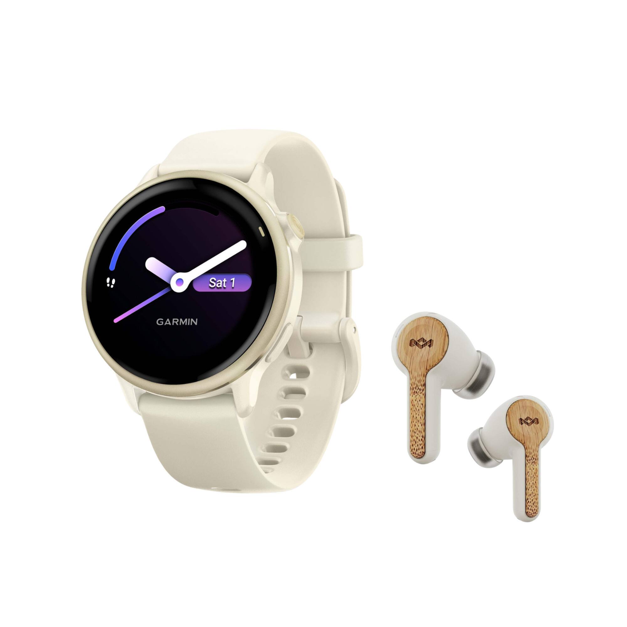 The image shows a Garmin smartwatch with a white strap and a digital clock display showing "Sat 1" on its screen. Next to the watch, there are two wireless earbuds with a wooden design.