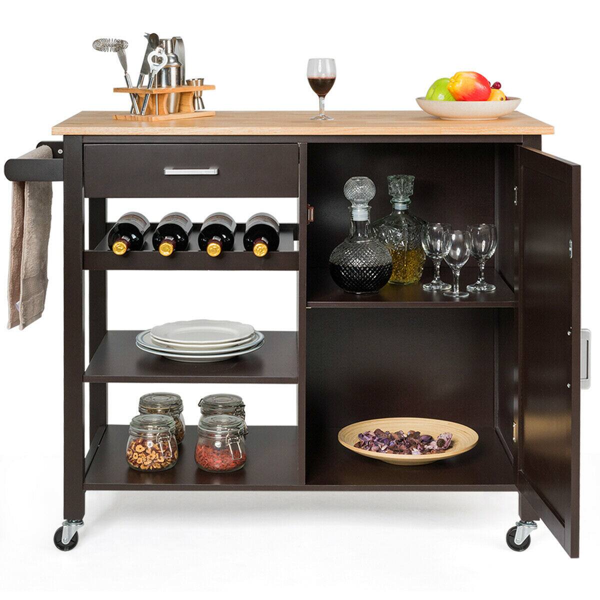 Alt View 7. Gymax - Gymax 4-Tier Wood Kitchen Island Trolley Cart Storage Cabinet w/ Wine Rack & Drawer - Brown.