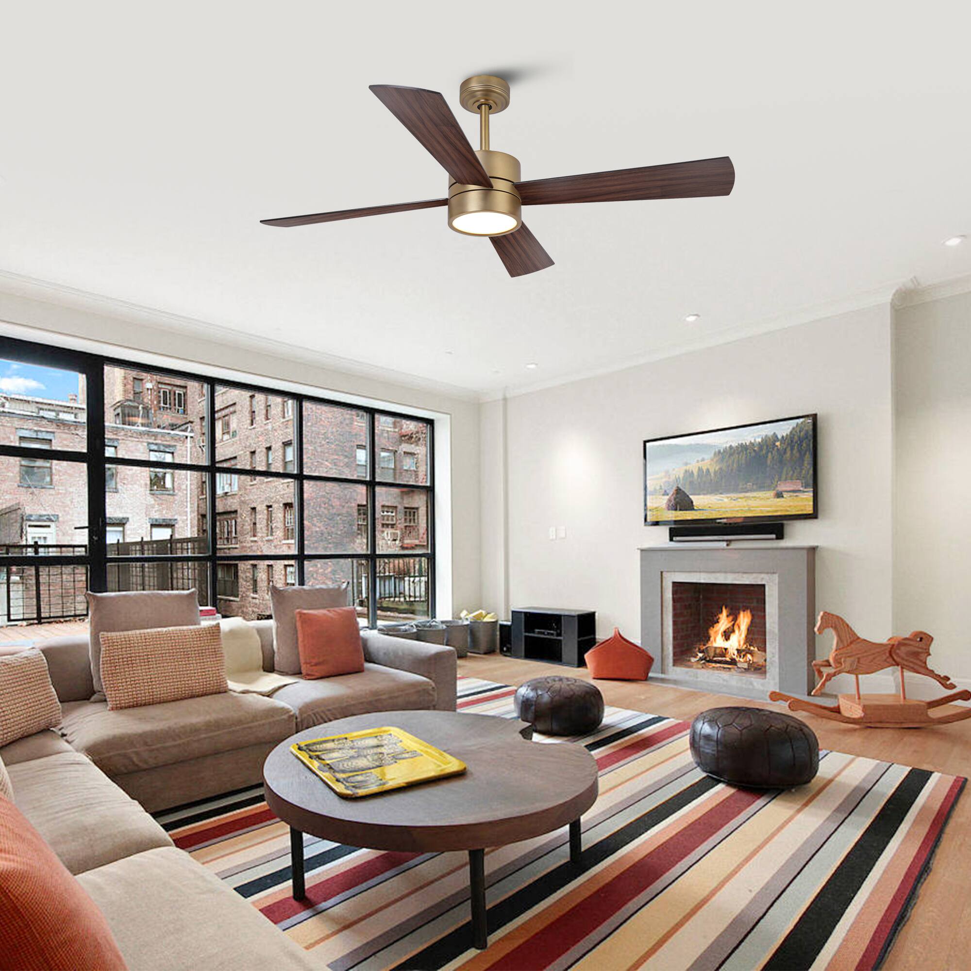 Left. Parrot Uncle - 52-Inch RGB Smart Ceiling Fan with Lights – Modern, Dimmable, Reversible DC Motor & App Control - Antique Gold.