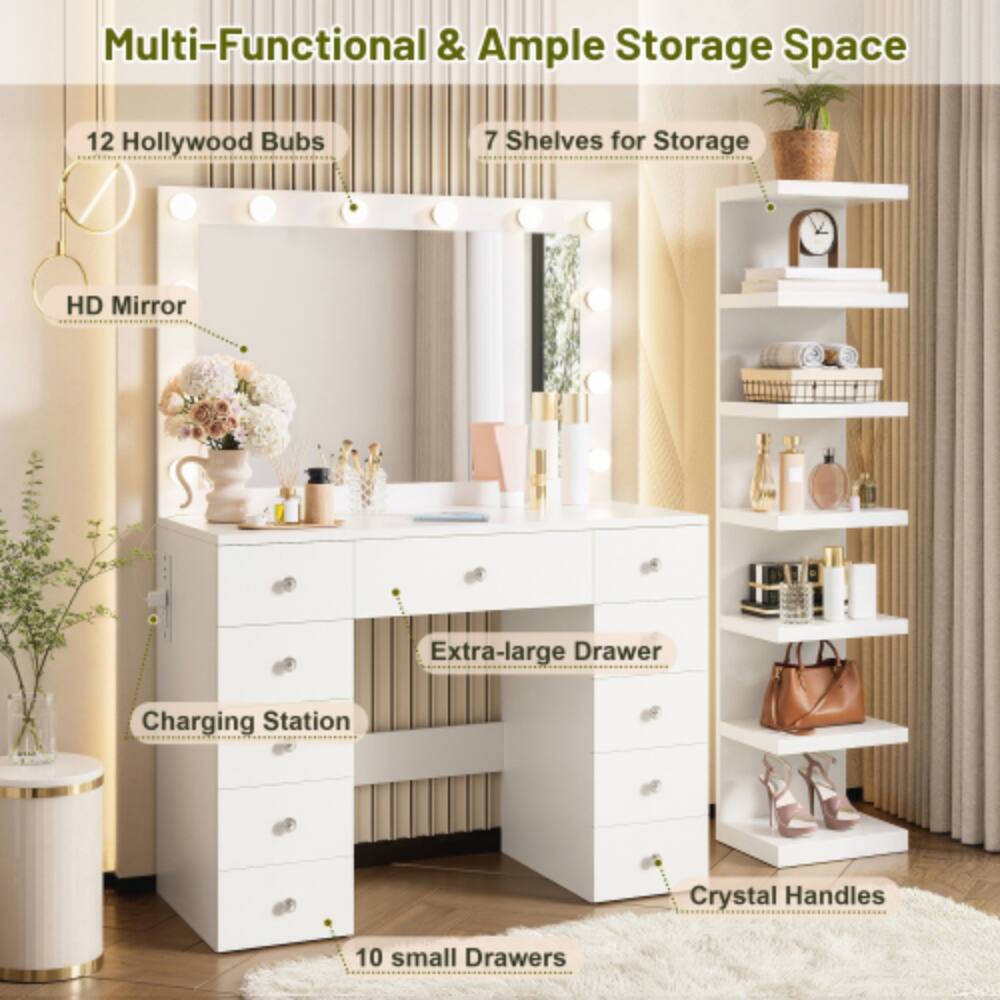 Multi-Functional & Ample Storage Space

- 12 Hollywood Bubs
- 7 Shelves for Storage
- HD Mirror
- Extra-large Drawer
- Charging Station
- Crystal Handles
- 10 small Drawers