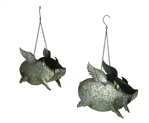 Front. Zeckos - Distressed Galvanized Metal Flying Pig Hanging Planter Set of 2 - Indoor/Outdoor - Gray.
