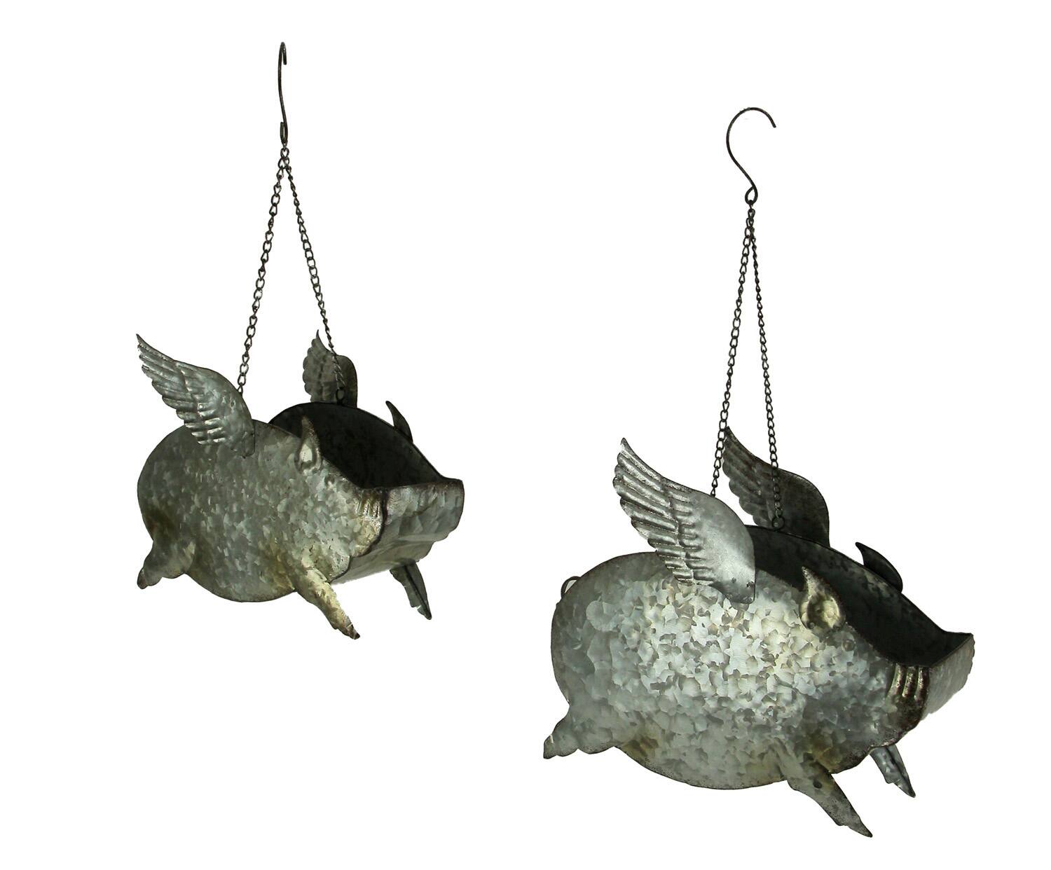Zeckos - Distressed Galvanized Metal Flying Pig Hanging Planter Set of 2 - Indoor/Outdoor - Gray