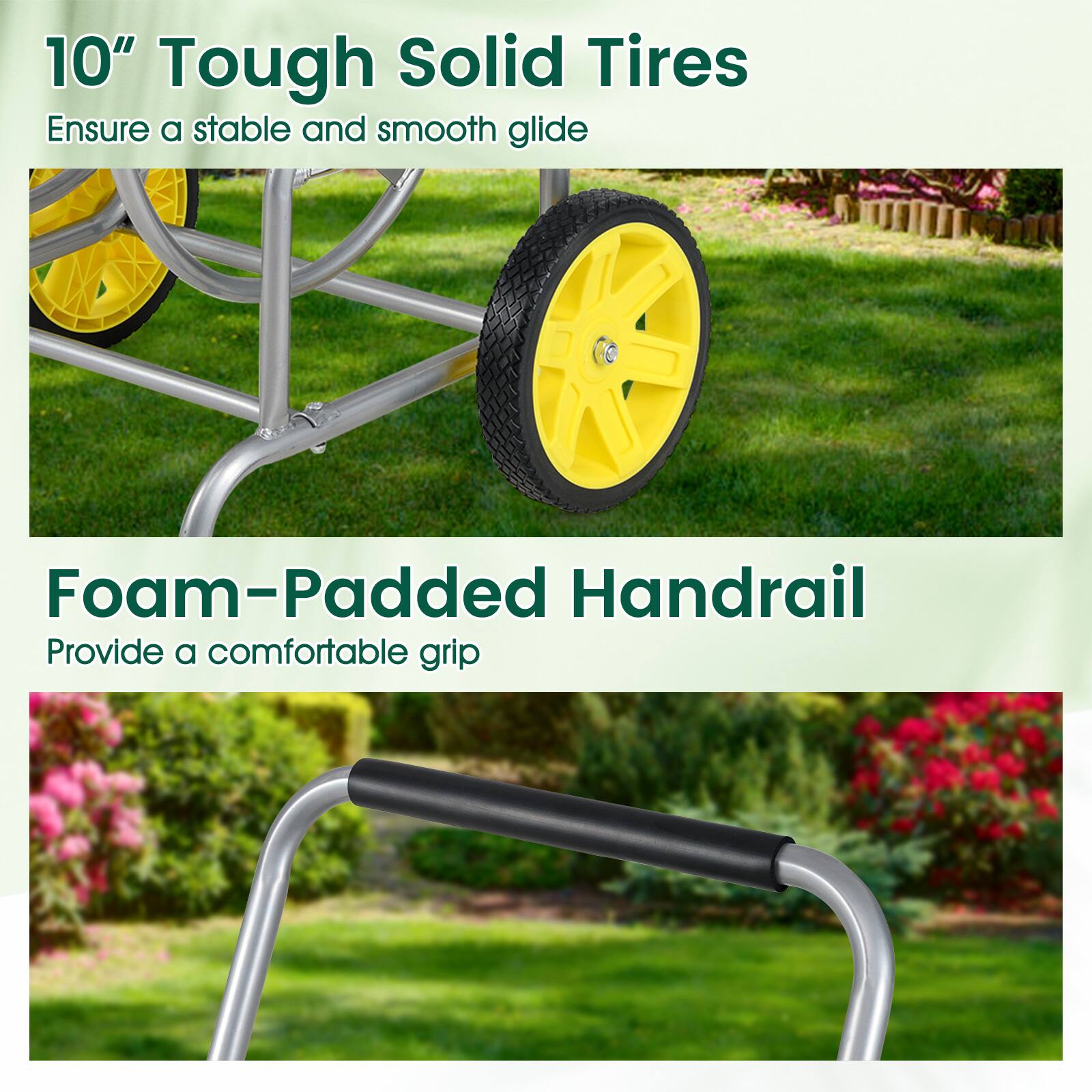10" Tough Solid Tires  
Ensure a stable and smooth glide  

Foam-Padded Handrail  
Provide a comfortable grip