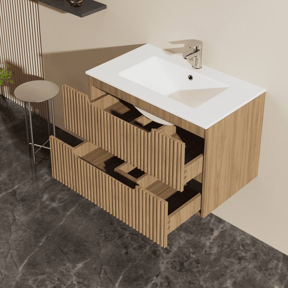 Angle. Kadyn - 30" Wall-Mounted Floating Bathroom Vanity Cabinet - Sink Combo, Soft-Close System, 2 Extra Big Drawers, Walnut - Brown.