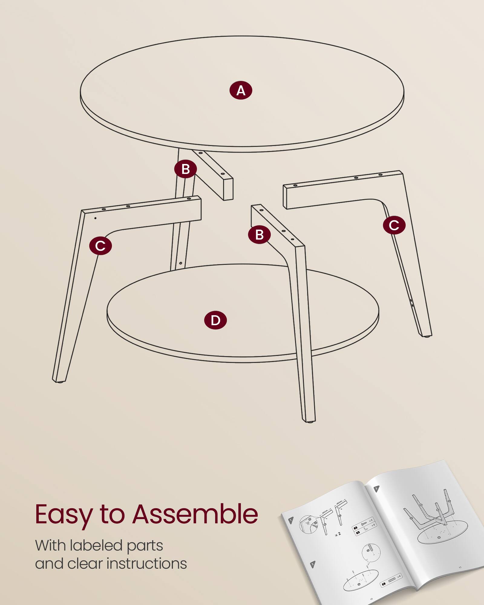 Easy to Assemble  
With labeled parts and clear instructions

A  
B  
C  
D