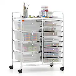 WELLFOR - 12-Drawer Utility Rolling Cart with Metal Tabletop,Drawer Organizer with Wheels,Scrapbook Paper Office School Organizer - Transparent