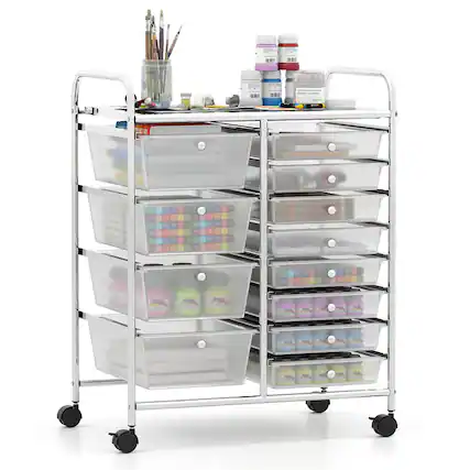 Front. WELLFOR - 12-Drawer Utility Rolling Cart with Metal Tabletop,Drawer Organizer with Wheels,Scrapbook Paper Office School Organizer - Transparent.