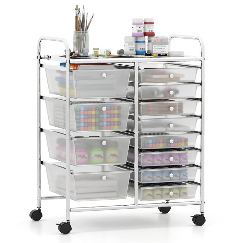 Front. WELLFOR - 12-Drawer Utility Rolling Cart with Metal Tabletop,Drawer Organizer with Wheels,Scrapbook Paper Office School Organizer - Transparent.