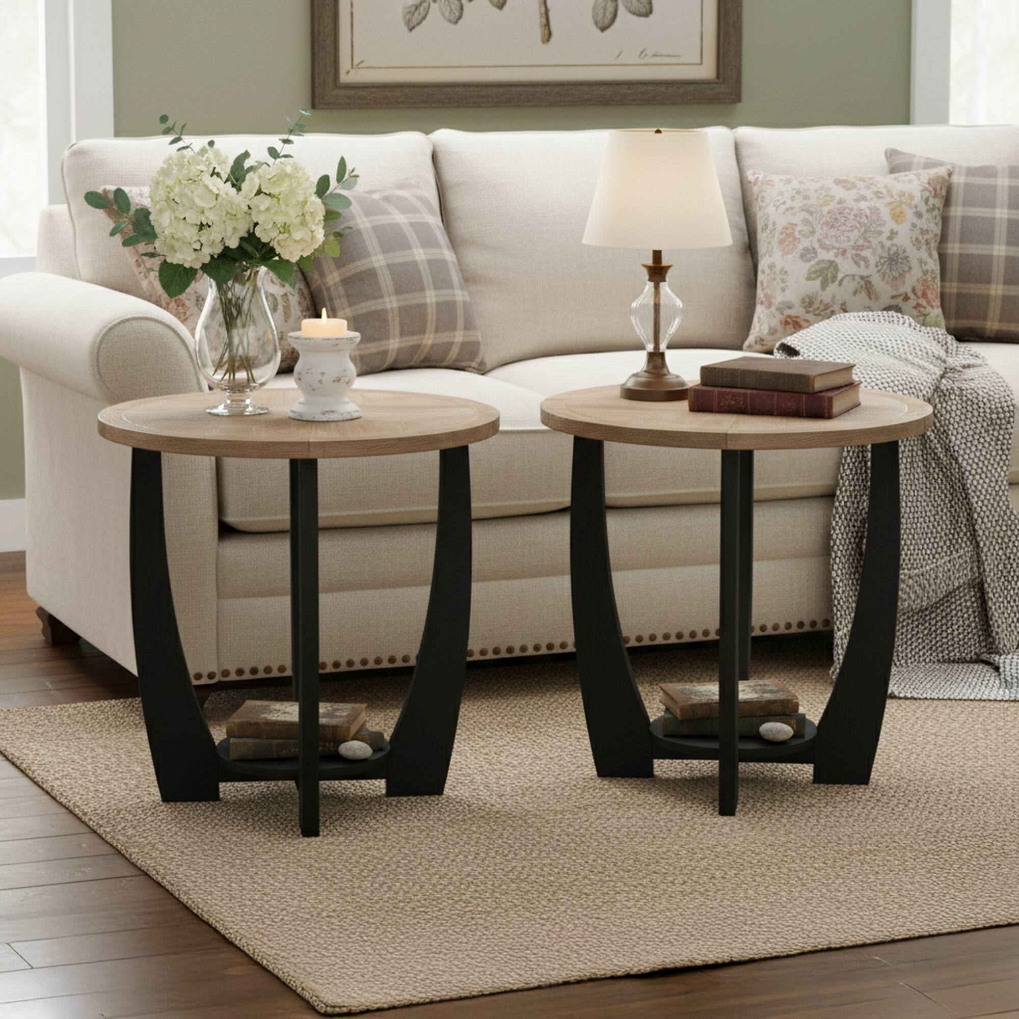 Alt View 4. COZAYH - COZAYH Rustic Farmhouse Round End Table for Living Room Decor, Black, Set of 2 - Black.