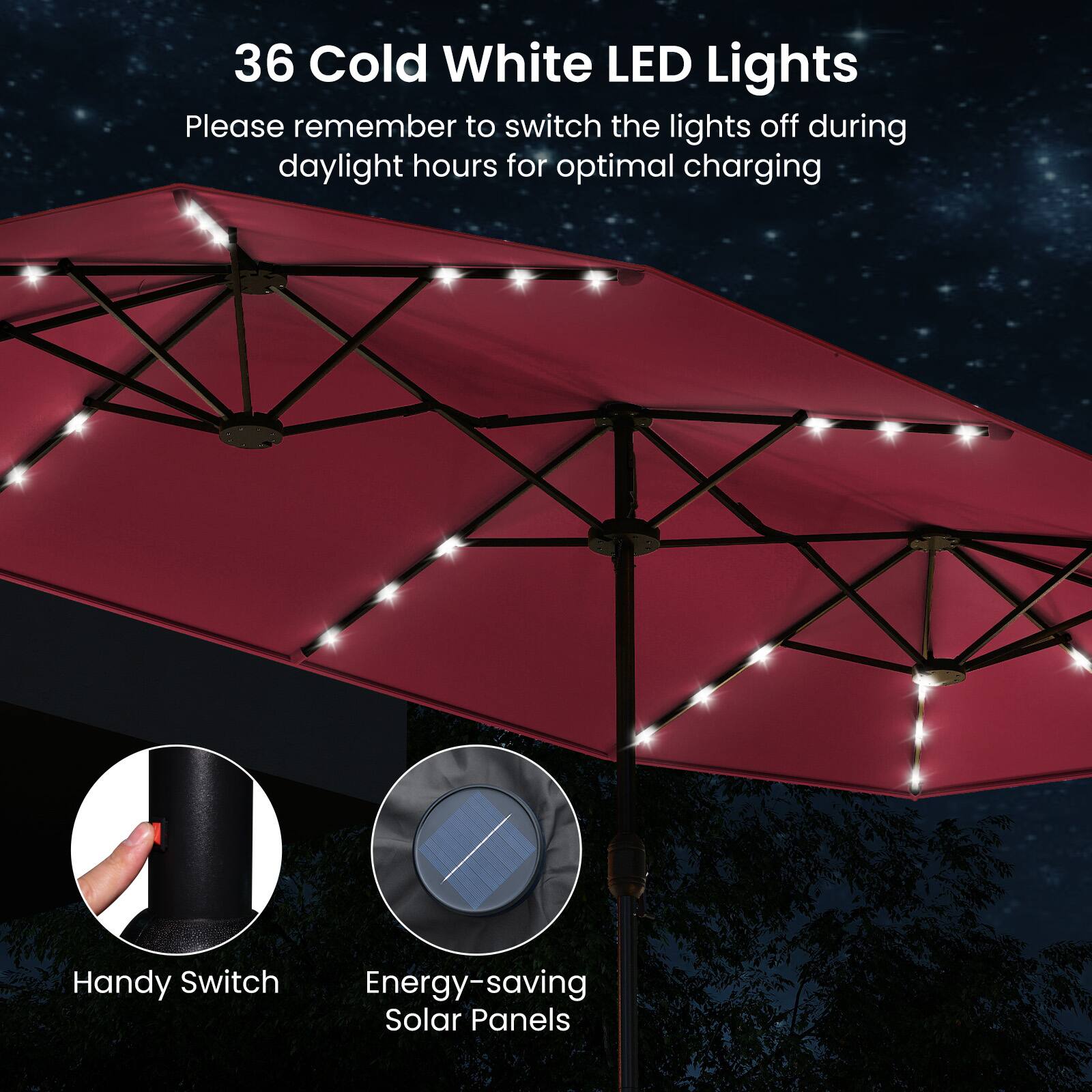 36 Cold White LED Lights  
Please remember to switch the lights off during daylight hours for optimal charging  

Handy Switch  
Energy-saving Solar Panels