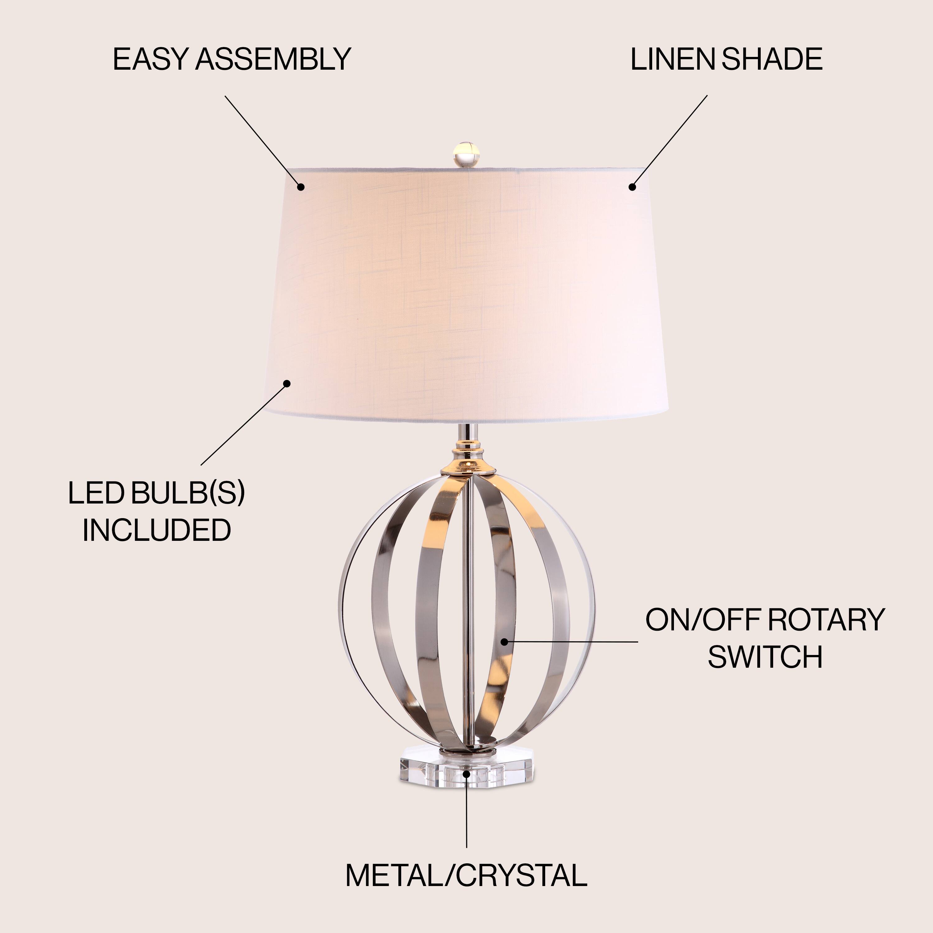EASY ASSEMBLY  
LINEN SHADE  
LED BULB(S) INCLUDED  
ON/OFF ROTARY SWITCH  
METAL/CRYSTAL