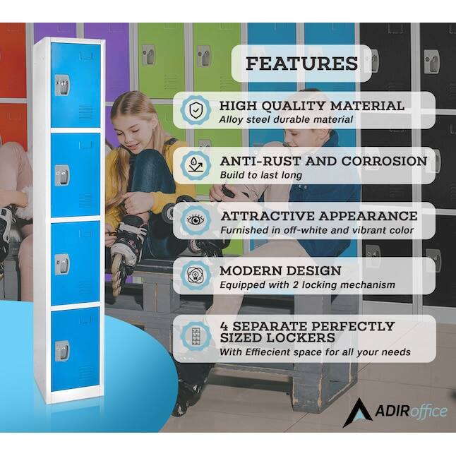 FEATURES
HIGH QUALITY MATERIAL
Alloy steel durable material
ANTI-RUST AND CORROSION
Build to last long
ATTRACTIVE APPEARANCE
Furnished in off-white and vibrant color
MODERN DESIGN
Equipped with 2 locking mechanism
4 SEPARATE PERFECTLY SIZED LOCKERS
With Efficient space for all your needs
ADIRoffice