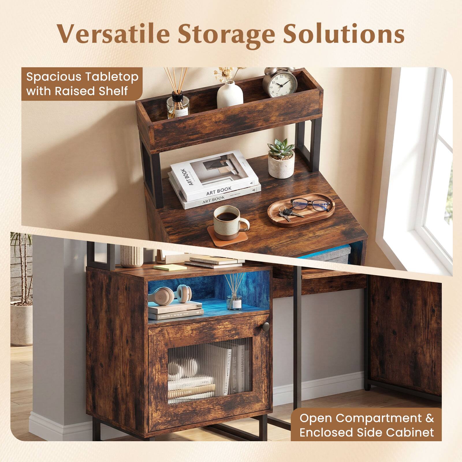 Versatile Storage Solutions

Spacious Tabletop with Raised Shelf

Open Compartment & Enclosed Side Cabinet