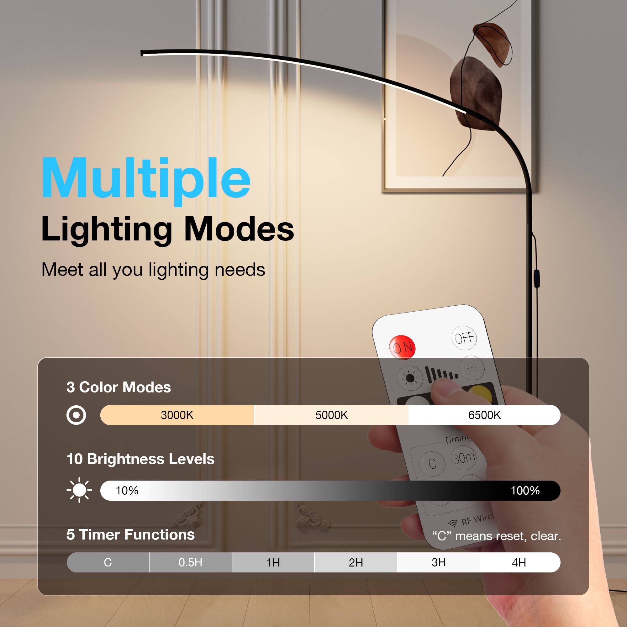 Multiple Lighting Modes  
Meet all your lighting needs  

3 Color Modes  
3000K 5000K 6500K  

10 Brightness Levels  
10% 100%  

5 Timer Functions  
C 0.5H 1H 2H 3H 4H  

"C" means reset, clear.