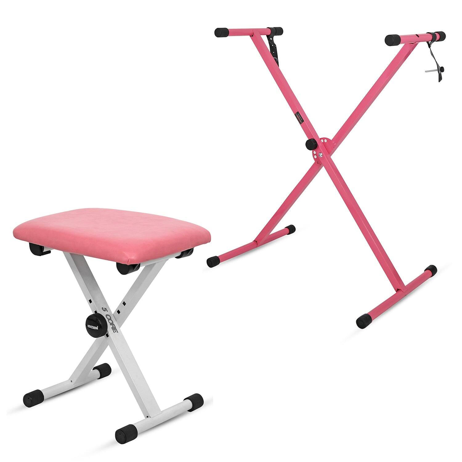 Front. 5 CORE - Keyboard Stand Single X Style Adjustable Piano Riser + Keyboard Piano Bench - Pink.