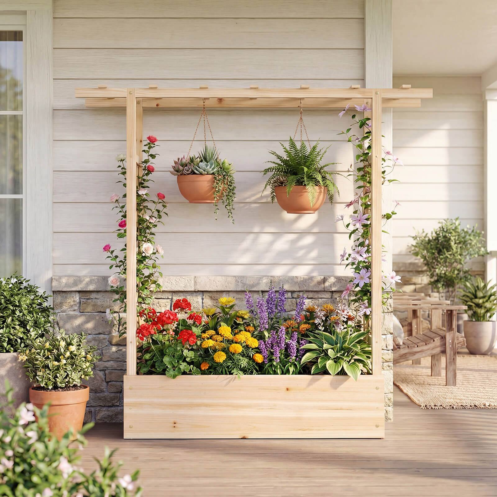 Alt View 3. Costway - Costway 1 PCS Wooden Raised Garden Bed with Trellis & Hanging Roof, Drainage Holes for Plants - Natural.