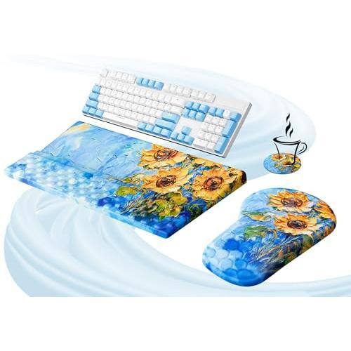 Front. Cozy Serene - Mouse Pad And Stand Wrist Rest Set Memory Foam Comfort For Typing Office Desk Accessories Moonlit Blossoms Ergonomic - Sunflower.