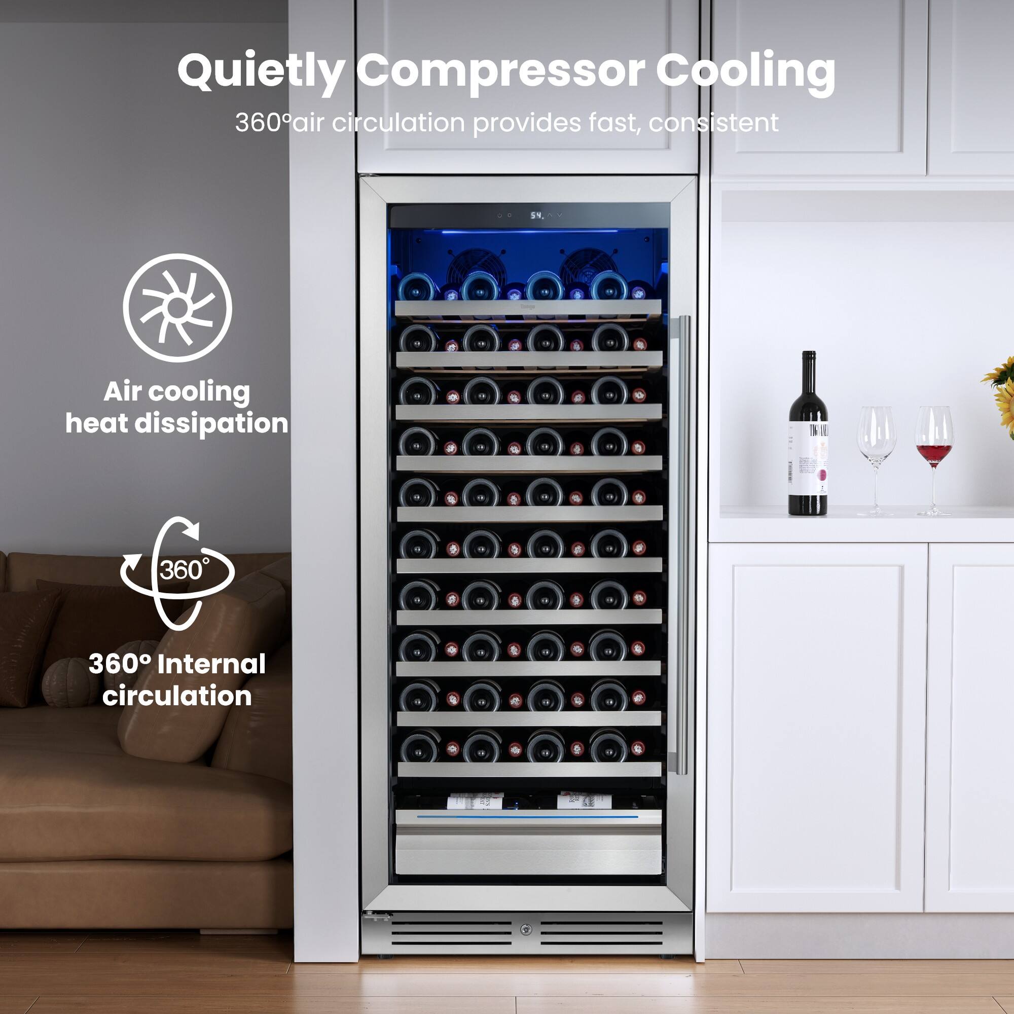 Quietly Compressor Cooling  
360° air circulation provides fast, consistent  
Air cooling heat dissipation  
360° Internal circulation