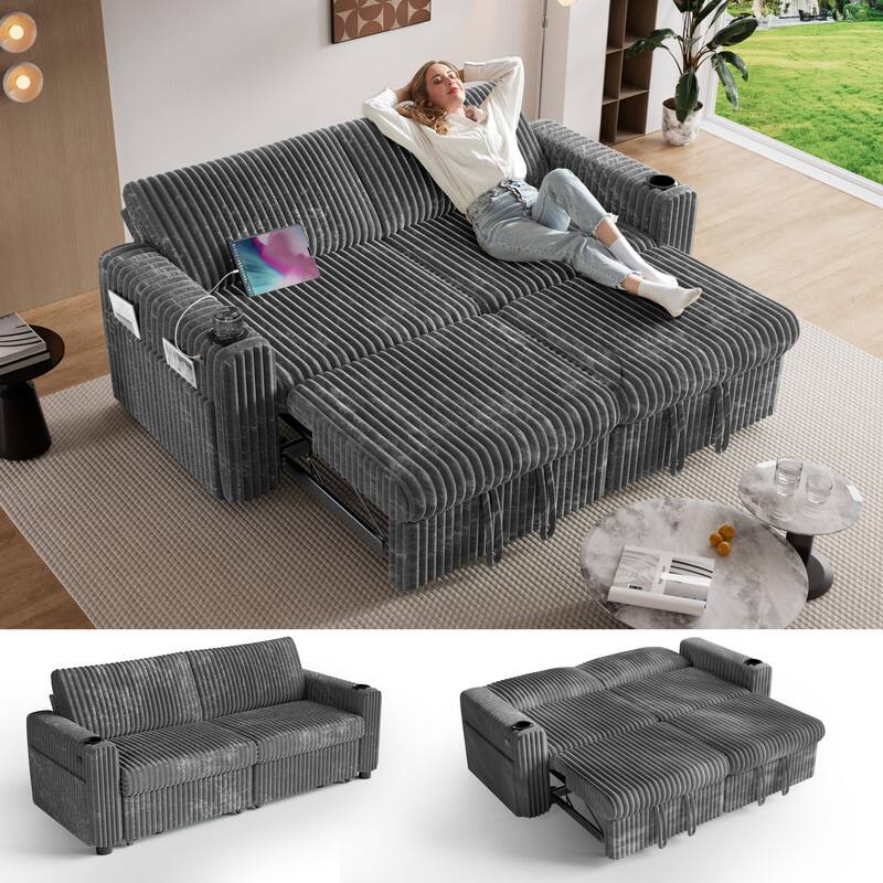 Left. Vipbear - 91" Convertible Sofa Bed, 3-in-1 Sleeper Sofa with Pull-Out Bed, Couch Folding Loveseat, USB Ports & Adjustable Backrest - Dray.