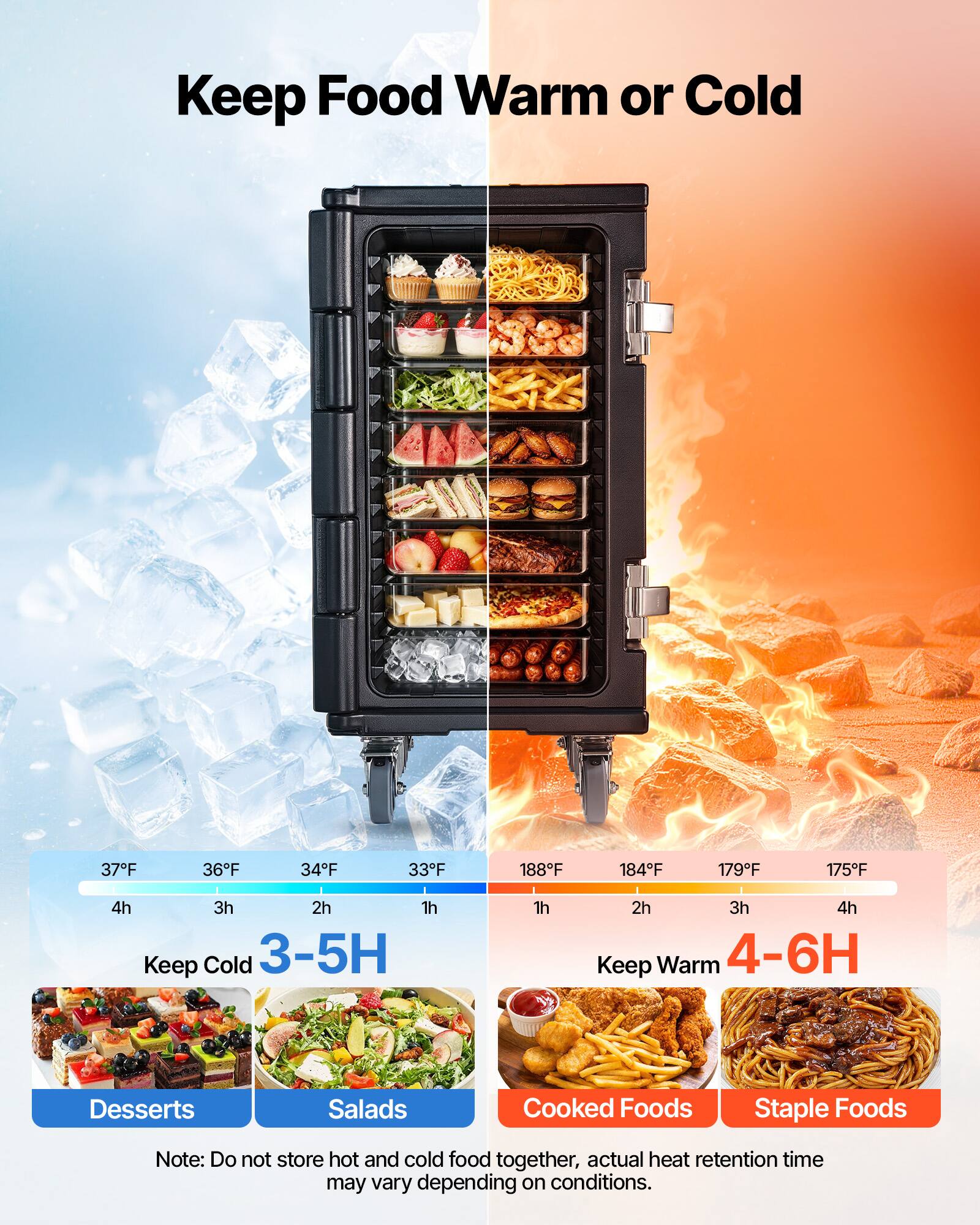 Keep Food Warm or Cold

37°F 36°F 34°F 33°F 188°F 184°F 179°F 175°F

4h 3h 2h 1h

Keep Cold 3-5H 1h 2h 3h 4h

Keep Warm 4-6H

Desserts Salads Cooked Foods Staple Foods

Note: Do not store hot and cold food together, actual heat retention time may vary depending on conditions.