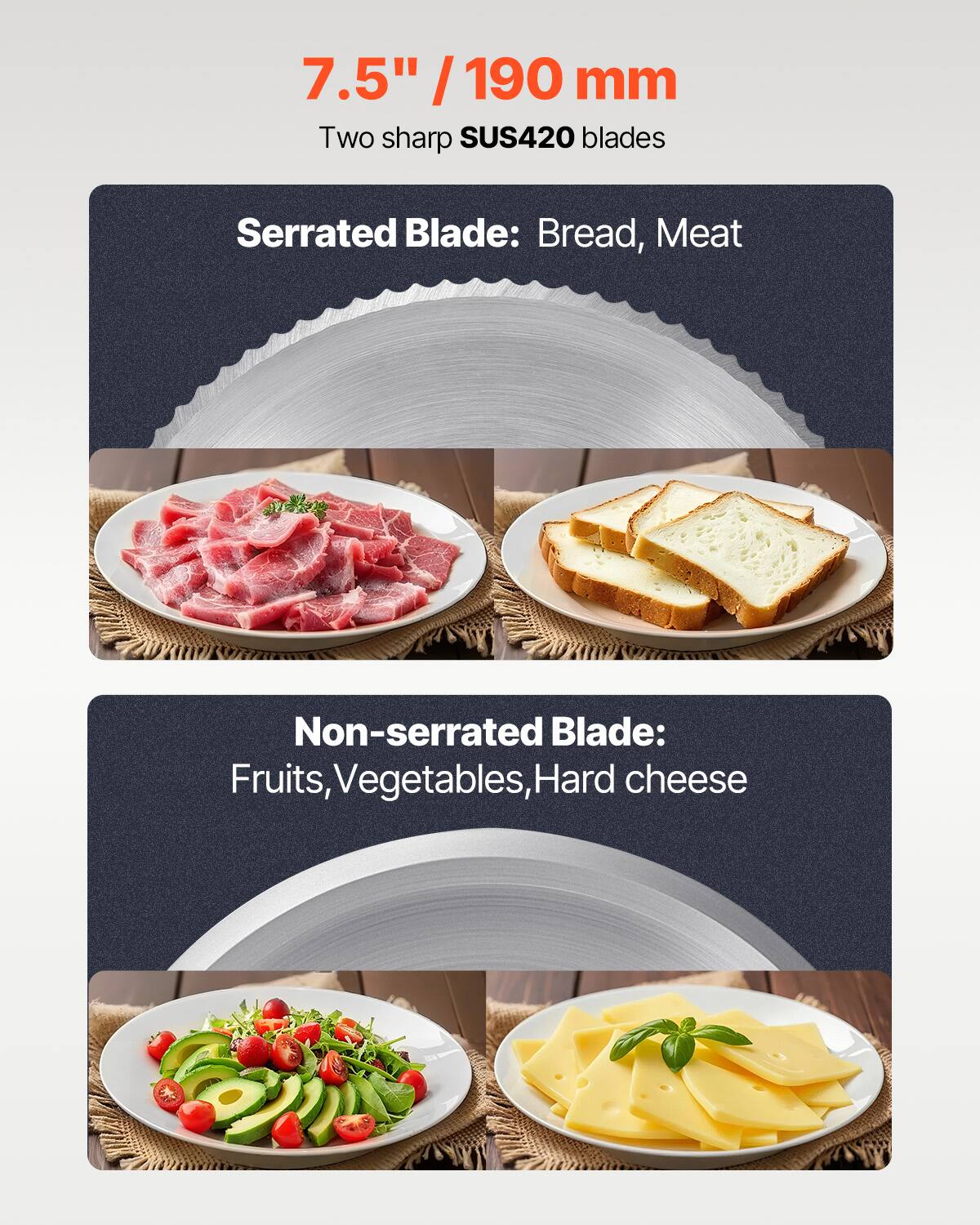 7.5" / 190 mm  
Two sharp SUS420 blades  

Serrated Blade: Bread, Meat  

Non-serrated Blade: Fruits, Vegetables, Hard cheese