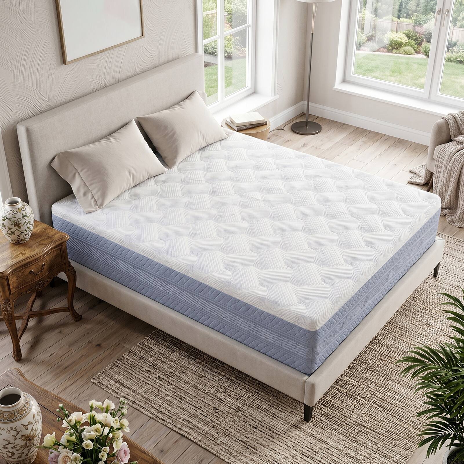 Alt View 3. FED Fitness - 10 Inch Queen Size Mattress High Density Sponge Medium Firm Comfortable Bed Mattress - White/Blue.