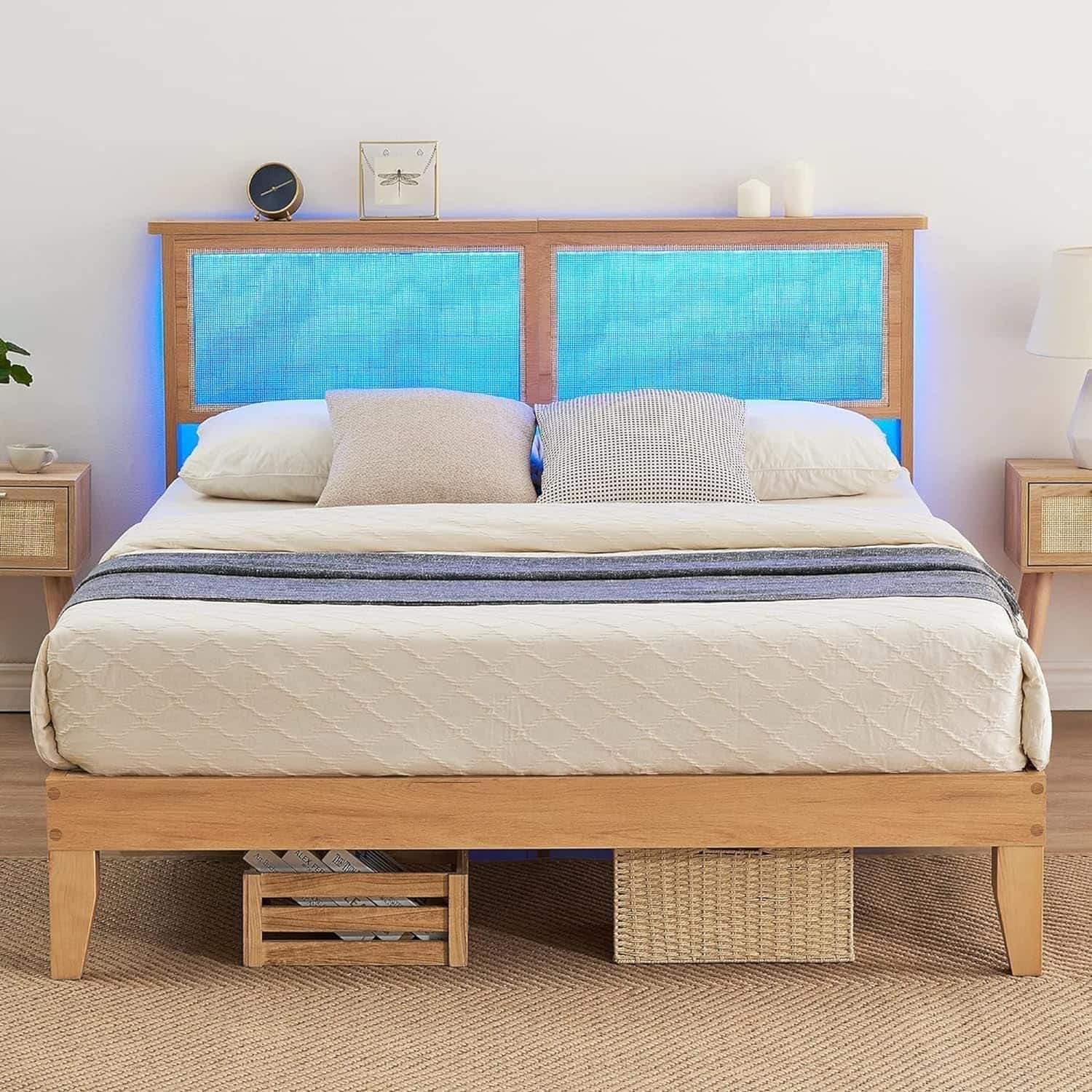 GARVEE - Full Rattan Bed Frame with Wood Headboard LED Lights Wooden Slats Noise-Free Easy Assembly - Wood Color Full