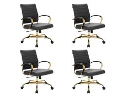 LeisureMod - (Set of 4) Benmar Modern Leather Office Desk Chair with Gold Frame Finish and Swivel Home Office - Black